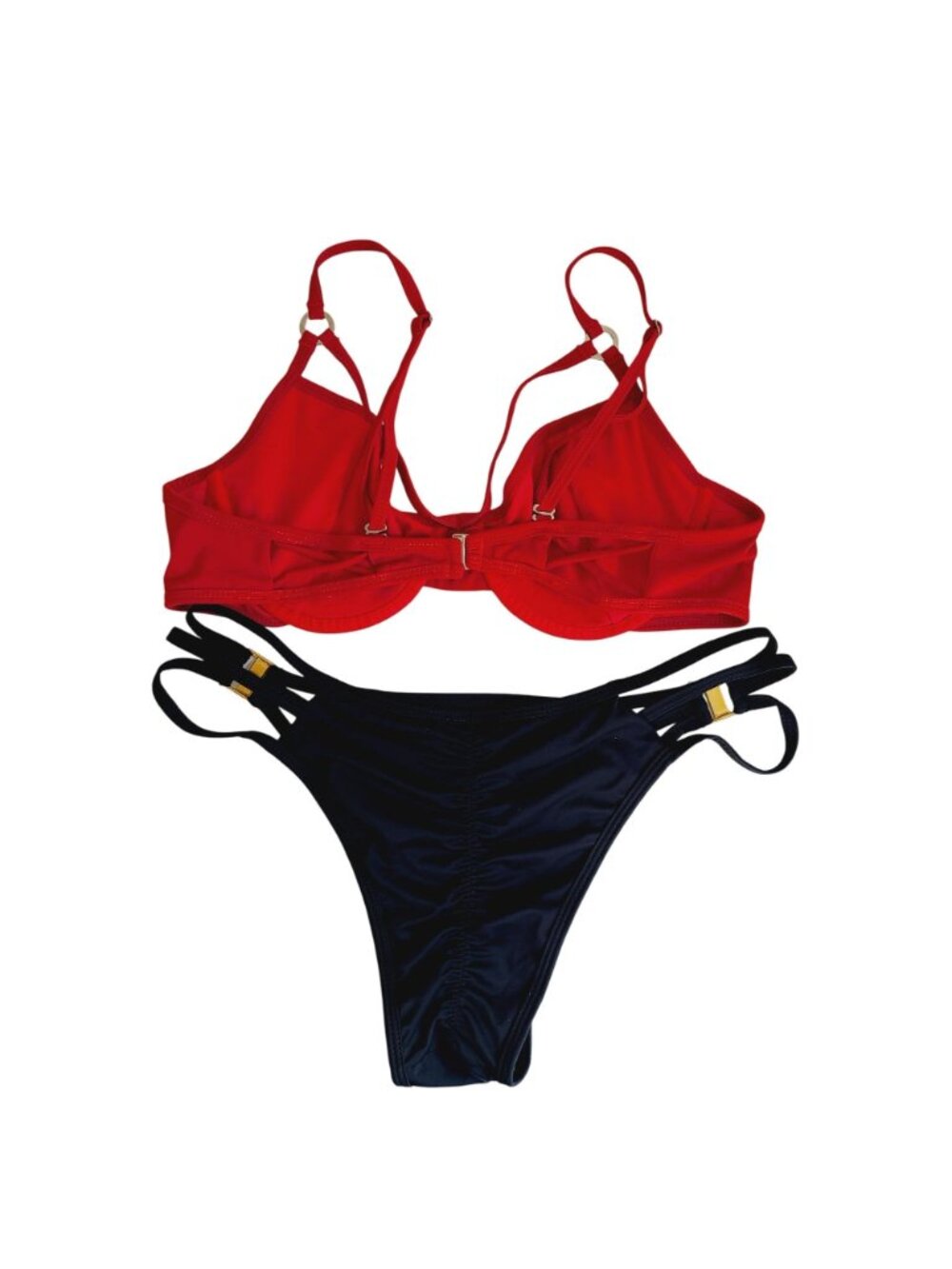 Bikini Set Siren Red & Black Gold Accents Underwire Top Strappy Bottoms - Picture 2 of 15